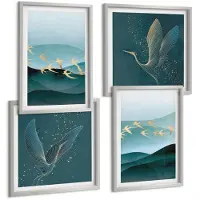 Coloray 4-Delige Schilderij Set - Abstracte Landschappen Met Golven En Vliegende Vogels - 40 x 40 cm En 40 x 60 cm - Wanddecoratie - Schilderijen Set - Interieur - Interieur Decoratie