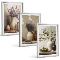 Coloray 3-Delige Schilderij Set - Bloemen In Vazen, Olijven En Natuurlijke Decoraties. - 40 x 60 cm - Stijlvolle Muurdecoratie - Slaapkamer - Woonkamer Decoratie