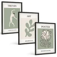Coloray 3-Delige Schilderij Set - Abstracte Figuren En Plantmotieven In Ingetogen Kleuren. - 40 x 60 cm - Muurdecoratie - Wanddecoratie - Hal