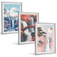 Coloray 3-Delige Schilderij Set - Watervallen, Bergen Met Een Brug En Bloeiende Bomen - 40 x 60 cm - Decoratieve Schilderijen - Woonkamer - Interieur