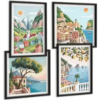 Coloray 4-Delige Schilderij Set - Schilderachtige Landschappen Met Zee En Citrusvruchten - 40 x 40 cm En 40 x 60 cm - Stijlvolle Muurdecoratie - Kantoor - Moderne Wanddecoratie