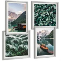 Coloray 4-Delige Schilderij Set - Berglandschap Met Een Meer, Een Boot En Een Bos In De Mist. - 40 x 40 cm En 40 x 60 cm - Wanddecoratie - Moderne Interieurdecoratie - Woonkamer Decoratie