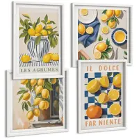 Coloray 4-Delige Schilderij Set - Retro Citrusvruchten Met Gele Accenten - 40 x 40 En 40 x 60 - Stijlvolle Muurdecoratie - Slaapkamer