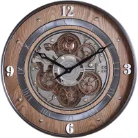 Fresco Wandklok Ø 60 cm – Vintage Wood – Bewegende Tandwielen – Houtlook – Industrieel – Stil Uurwerk