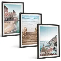 Coloray 3-Delige Schilderij Set - Zomerse Pastelkleuren Met Architectuur Aan Zee En Strand - 40 x 60 cm - Wanddecoratie - Schilderijen Set - Kantoor - Decoratieve Schilderijen