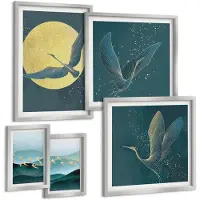 Coloray 5-Delige Schilderij Set - Abstracte Landschappen Met Zonnestralen En Vliegende Vogels - 20 x 30 cm - Decoratieve Muurdecoratie - Slaapkamer - Interieur Decoratie