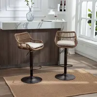 Muvano Rotan barkrukken set van 2 - In hoogte verstelbare barkruk - Met armleuning en rugleuning - 65-85cm - 360 graden draaibaar - Keuken Beige