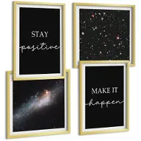 Wallfluent 4-Delige Schilderij Set - Motiverende Slogans Op Een Zwarte Achtergrond Sterren In De Ruimte - 40 x 40 cm En 40 x 60 cm - Decoratieve Schilderijen - Woonkamer - Interieur - Muurdecoratie