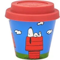 Quy Cup - 90ml Ecologische Reis Beker - Espressobeker “Peanuts Snoopy Sit” met Roze Siliconen deksel