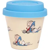 Quy Cup - 90ml Ecologische Reis Beker - Espressobeker "Peanuts Snoopy 7 Copertina” met licht blauw Siliconen deksel 7x7x7cm