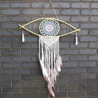 Ancient Wisdom Macramé Dromenvanger - Bescherming - Boze Oog - Blauw, Roze & Wit - 70x1x23x85cm