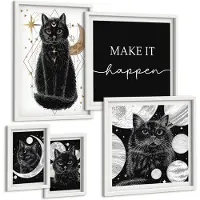 Coloray 5-Delige Schilderij Set - Zwarte Katten In Boho-Stijl Met Ruimtemotieven - 50 x 50 cm, 20 x 30 cm En 40 x 60 cm - Stijlvolle Wanddecoratie - Interieur - Muurdecoratie