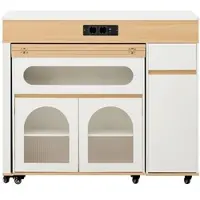 STILVORA keukenblok met wielen en stopcontacten, uitschuifbare eettafel voor flexibele werk- en eetmogelijkheden, dressoir met lade en opbergruimte voor keuken en eetkamer, wit + natuurlijke houtkleur