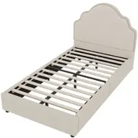OKWISH 90x200 cm gestoffeerd bed met gestoffeerd hoofdeinde, kinderbed met wolkendessin, eenpersoonsbed in beige, zonder matras
