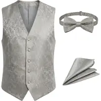 TruClothing Grijze driedelige set voor heren met paisleyprint, vest, vlinderdas en zakdoek - Robert