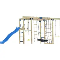 Axi Boris Klimtoestel van hout in bruin met blauwe Glijbaan | Klimtoestel uitgerust voor kinderen met verschillende Schommels, Trapeze, Klimnetten en Monkey Bars | Klimtoestel voor in de tuin