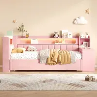 MODFU dagbed 90x200 tot 180x200 cm met uitschuifbed, dagbed met LED-verlichting en USB-aansluiting, gestoffeerd bed met bureau en planken, zonder matras, roze