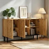 OKWISH multifunctionele dressoir met opbergruimte en metalen poten, woonkamerkast met driedeurs ontwerp, geschikt voor de woonkamer, natuurlijke stijl