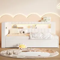 OKWISH Dagbed 90x200 met LED-strip, gestoffeerd bed met 3 lades en uitschuifbed, eenpersoonsbed met USB-poort, wit, zonder matras