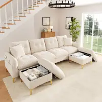 OKWISH klassieke bank voor 4 personen, met zijvak en 2 decoratieve kussens. U-vormige bank met 2 opbergkrukken, hoekbank voor de woonkamer, beige