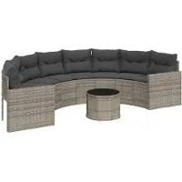 vidaXL Tuinset met bank, tafel en kussens, halvemaanvorm, grijs, polyrotan
