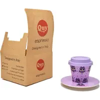 Quy Cup - 90ml Ecologische Reis Beker - Espressobeker “Owl” met schotel en Purple Siliconen deksel Set 1 Espresso Cup with Dish