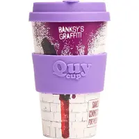 Quy Cup 400ml Ecologische Reisbeker - De originele Banksy's Graffiti "Hammer Boy" BPA Vrij - Gemaakt van Gerecyclede Pet Flessen met licht paars siliconen deksel - travelmug