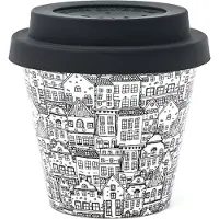 Quy Cup - 90ml Ecologische Reis Beker - Espressobeker “Casette - Houses” met Zwarte Siliconen deksel