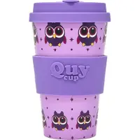 Quy Cup 400ml Ecologische Reis Beker - “Owl” - BPA Vrij - Gemaakt van Gerecyclede Pet Flessen met Purple Siliconen deksel