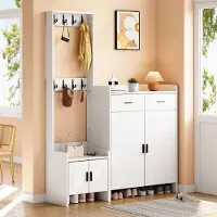 HAUSS SPOLE Schoenenkast - Garderobe Met 2 Lades 2 Deuren 6 Planken En 8 Haken - Voor Hal En Entree - MDF En Spaanplaat - 125x36x165 Cm - Wit