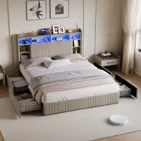 Rosahqnda Gestoffeerd bed 160 x 200 cm, opbergbed met 4 lades, tweepersoonsbed met led- en usb-aansluiting, continentaal bed, beige linnen stof