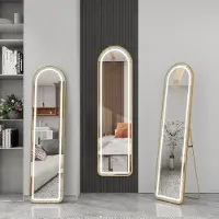Rosahqnda LED Passpiegel-150x40 cm-Volledige Lichaamsspiegel-Gouden Frame-Ronde / Boog-Verstelbare Verlichting-Wandmontage / Vrijstaand