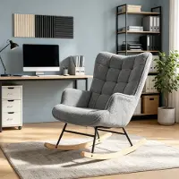 Rosahqnda Schommelstoel 60x75x92 cm, relaxstoel met geruite rugleuning, teddy stof, gestoffeerde fauteuil in donkergrijs