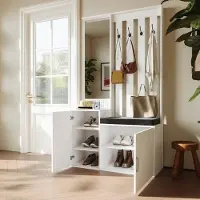 Rosahqnda Kapstok garderobekast 100x40x180 cm, halmeubel met spiegel, schoenenkast en zitbank, garderobe met 2 deuren, lades en haken, moderne opbergkast wit