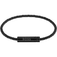 BOSS Gevlochten armband van zwart leer met logoplaatje
