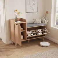 Rosahqnda Schoenenbank met zitje, opklapbaar vak met tussenschot, schoenenkast met opbergdeuren en open opbergvakken, schoenenrek voor smalle ruimtes, entree, hal, 100 x 30 x 69,5 cm, natuurlijke houtkleur