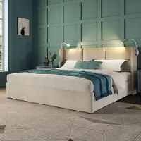 Rosahqnda Modern gestoffeerd bed 160x200cm met 2 leeslampjes en USB-poort, grote opbergruimte, voor twee personen, linnen stof, beige
