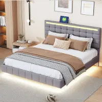 Rosahqnda Gestoffeerd bed 160 x 200 cm, zwevend bedframe met ledverlichting en oplaadpoort, tweepersoonsbed, verborgen bedpoten, grijs beddengoed