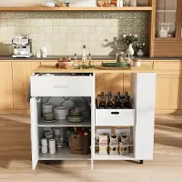 Rosahqnda Verrijdbaar keukeneiland 102x46x92 cm, keukenkast met lade, 2 deuren, kruidenrek, open opbergruimte, buffetkast, servieskast, koffiebar, eikenlook blad, wit