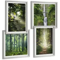 Coloray 4-Delige Schilderij Set - Groene Bossen Met Zonnestralen En Een Bospad - 40 x 40 cm En 40 x 60 cm - Moderne Wanddecoratie - Woonkamer - Decoratieve Schilderijen