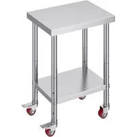 Muvano Werktafel - Horeca Tafel - Prep Tafel - Keukeneiland - 700 LBS - 4 Wielen - 3 Niveaus - Zwaar - Keuken - 24x18x34 Inch - Verstelbaar - Zilver