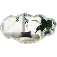 Wallfluent Plantenpatroon Spiegel - Geel Rechthoekige Spiegel Voor Interieur - Organische Spiegel - Woonkamer - Abstract - 45x90 cm - Totale afmeting 52x97 cm