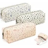 VHV - Grote Etui met Bloemenprint - Set van 3 - Esthetische Pennenzak voor Meisjes - Grote Capaciteit Stationery Pouch - Schoolspullen & Make-up Tas - Roze - lichtblauw en blauw