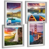 Coloray 4-Delige Schilderij Set - Uitzicht Op De Bergen Met Meren, Boten, Een Brug En Een Waterval. - 40 x 40 cm En 40 x 60 cm - Wanddecoratie - Woonkamer Decoratie - Interieur Decoratie
