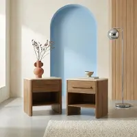 Sweeek Nachtkastje met houtdecor en travertin effect 1 lade (set van 2) Walnoot