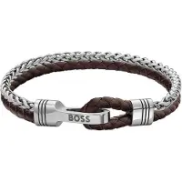 BOSS Gevlochten armband van bruin leer en roestvrij staal