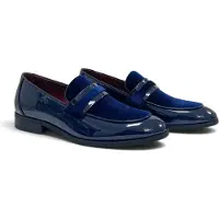 Infinity Leather Marineblauwe instappers van imitatieleer met fluwelen details en lakafwerking voor heren - N10312