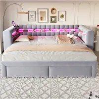 OKWISH Polsterbed 90/180x190 met uitschuifbed en 2 lades, multifunctioneel bed met USB en Type-C poorten, LED-verlichting, kinderbed in lichtgrijs, zonder matras