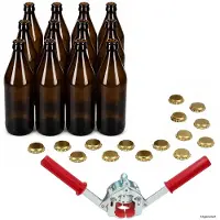 MamboCat Set van 12 bruine bierflesjes van 0,5 l met 15 gouden kroonkurken en een kroonkurk-sluiter – 12x 24890, 15x 24064 & 21984