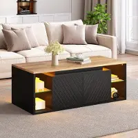 MODFU Salontafel zwart, woonkamertafel met LED-verlichting, half open opbergruimte en 2 deuren, moderne salontafel van spaanplaat, 100 x 50 x 41 cm